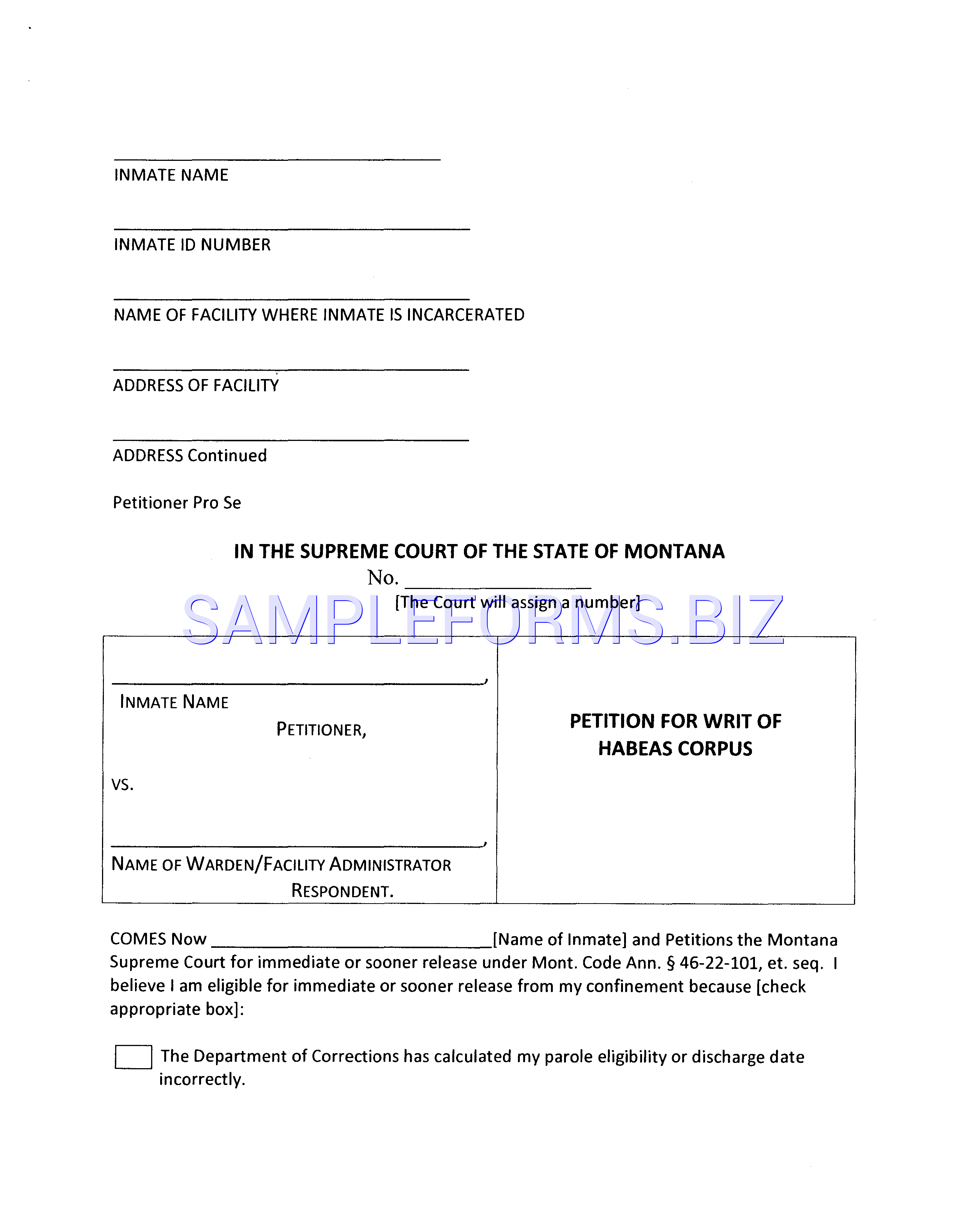 Preview free downloadable Montana Petition for Writ of Habeas Corpus in PDF (page 1)